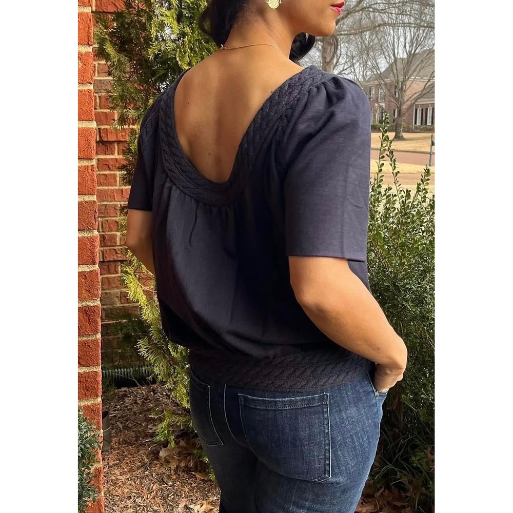 Cabi Tightrope Top 6663 Classic Navy Braided Scoop Neck Short Sleeve M NEW